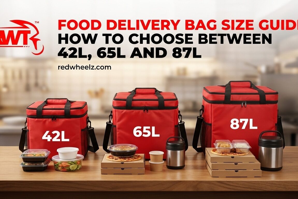 food-delivery-bag-size Delivery rider with a 65 litre waterproof food delivery bag size on a motorbike in Malaysia