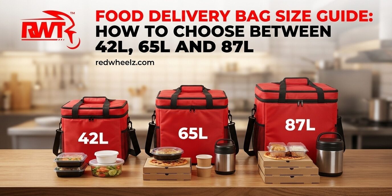 Delivery rider with a 65 litre waterproof food delivery bag size on a motorbike in Malaysia