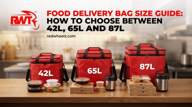 Delivery rider with a 65 litre waterproof food delivery bag size on a motorbike in Malaysia